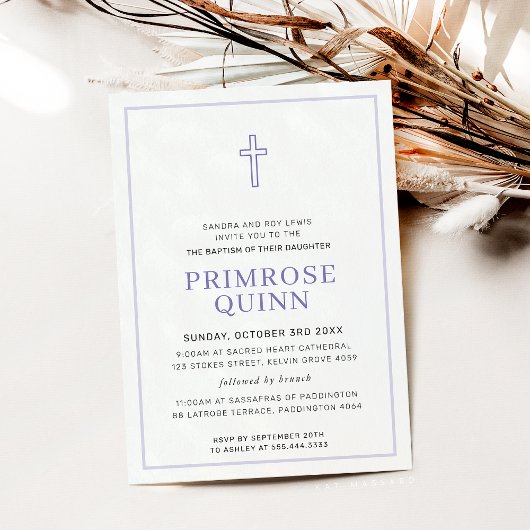 BAPTISM moderne minimale Cross-simple girl lila Einladung