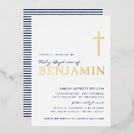 BAPTISM Moderner, eleganter Crossnavy Blue Gold Fo Folieneinladung