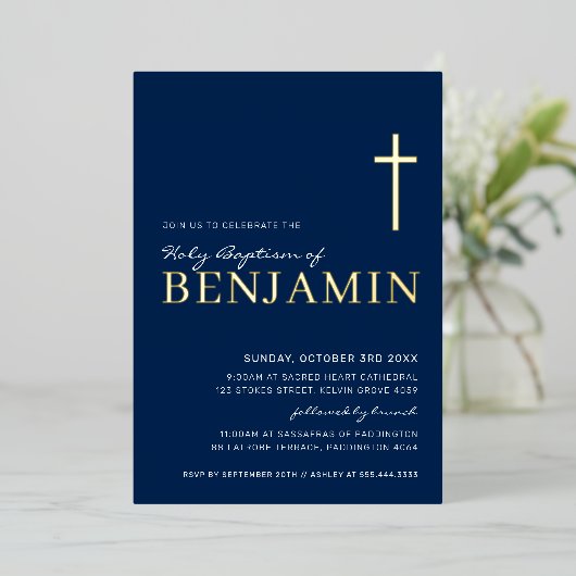 BAPTISM modernes, elegantes, kreuzmarinebasiertes Folieneinladung (Stehend vorne)