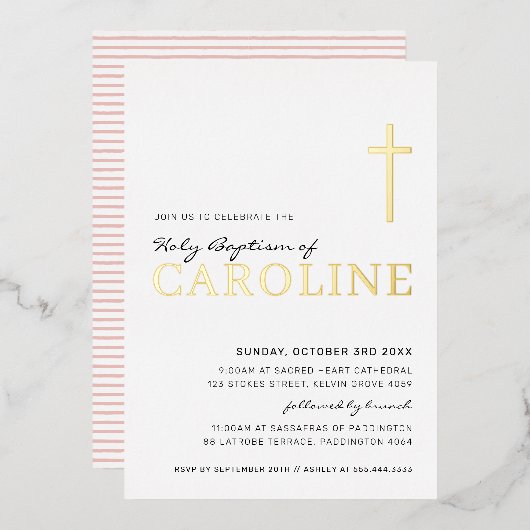 BAPTISM Modernes, hübsches Girl in Rosa Folieneinladung (Vorderseite/Rückseite)