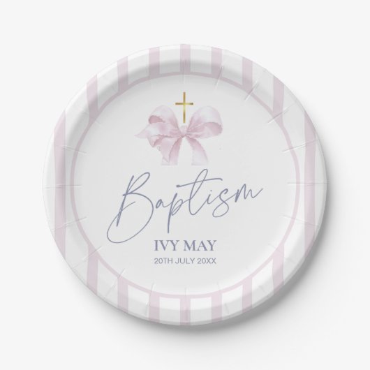 Baptism Paper Plates for Girl, Modern Pink Bow  Pappteller (Vorderseite)