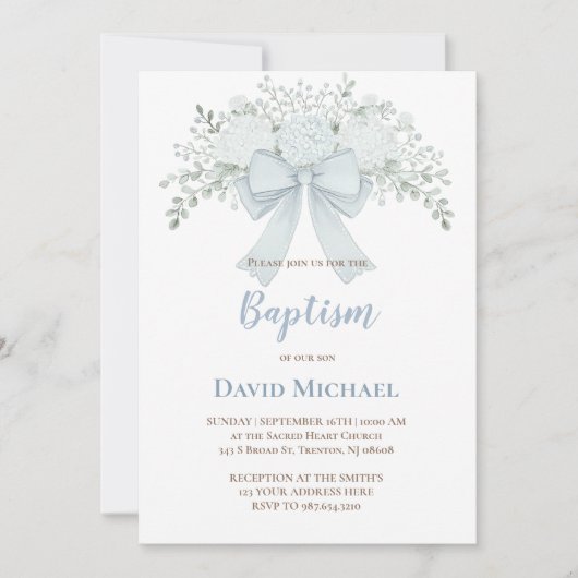 Baptism pastel blue floral bow einladung (Vorderseite)