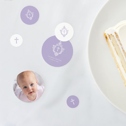 Baptism Photo Lavender Purple White Cross in Crest Konfetti