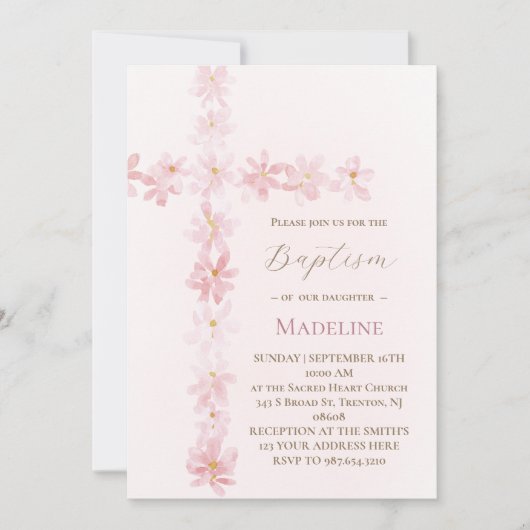 Baptism pink floral cross einladung (Vorderseite)
