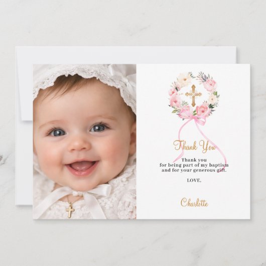 Baptism pink florals wreath bow photo girl dankeskarte (Vorderseite)