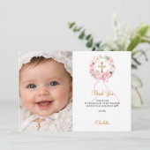 Baptism pink florals wreath bow photo girl dankeskarte (Stehend Vorderseite)