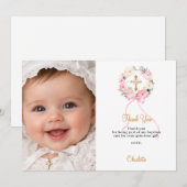 Baptism pink florals wreath bow photo girl dankeskarte (Vorne/Hinten)