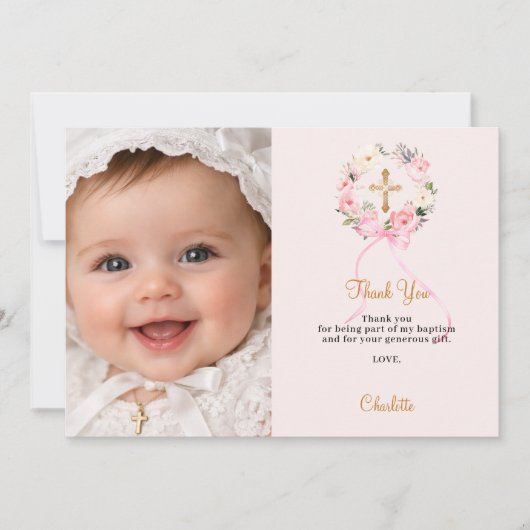 Baptism pink florals wreath bow photo girl dankeskarte (Vorderseite)