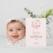 Baptism pink florals wreath bow photo girl dankeskarte (Stehend Vorderseite)