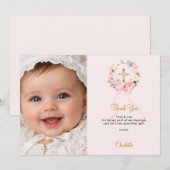 Baptism pink florals wreath bow photo girl dankeskarte (Vorne/Hinten)