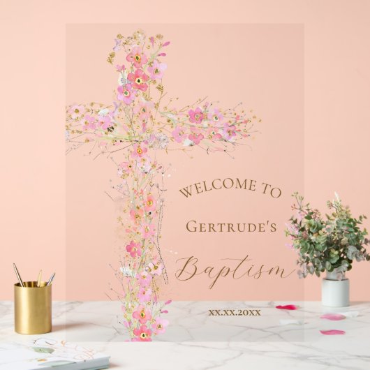 Baptism pink flowers cross welcome clear sign acrylschild (Hochzeit)