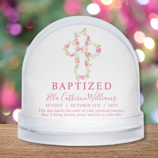 Baptism Pink Watercolor Floral Cross Custom Schneekugeln