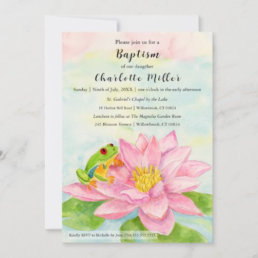 Baptism Pink Waterlily & Tree Frog Einladung (Vorderseite)