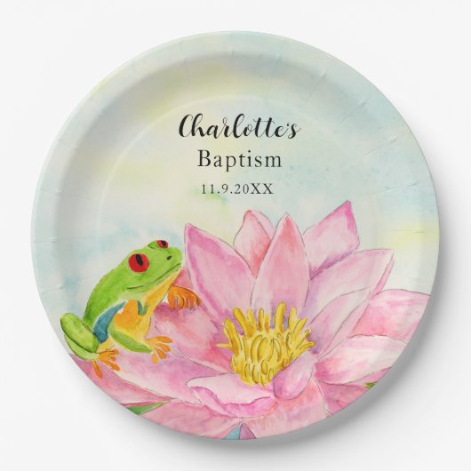 Baptism Pink Waterlily & Tree Frog Pappteller (Vorderseite)