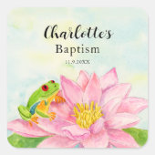 Baptism Pink Waterlily & Tree Frog Quadratischer Aufkleber (Vorderseite)