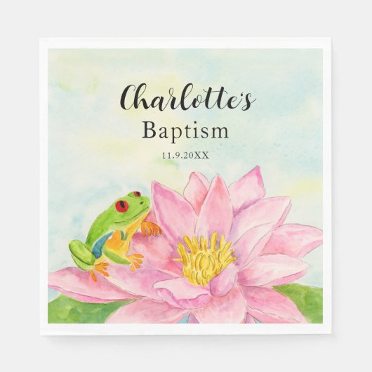 Baptism Pink Waterlily & Tree Frog Serviette (Vorderseite)