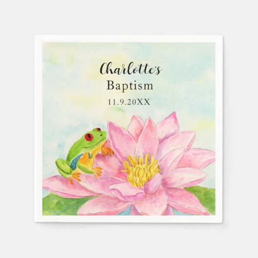Baptism Pink Waterlily & Tree Frog Serviette (Vorderseite)