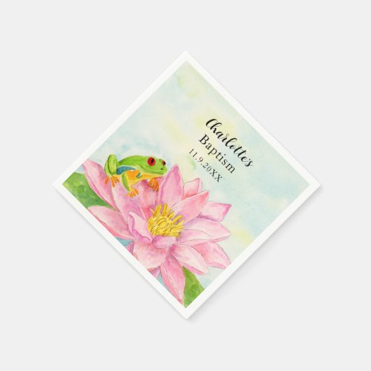 Baptism Pink Waterlily & Tree Frog Serviette (Ecke)