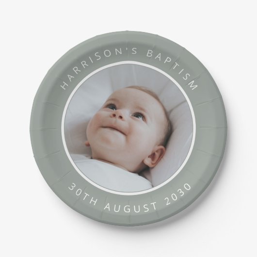 Baptism Round Photo Sage Pappteller (Vorderseite)
