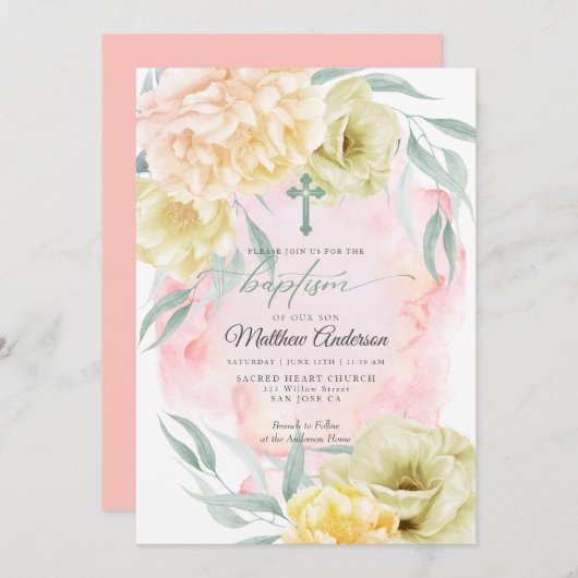 BAPTISM Rustikales Elfenbeinkorallen Gelbe Blüte Einladung (Vorne/Hinten)