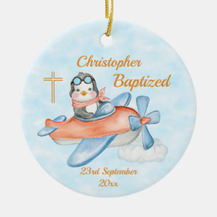 Baptism Watercolor Baby Penguin Airplane Keramik Ornament
