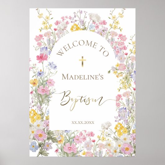 Baptism watercolor meadow flowers welcome poster (Vorne)