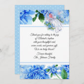 Baptismal Baby-Jungen-blaue Blumen danken Ihnen Dankeskarte (Vorne/Hinten)
