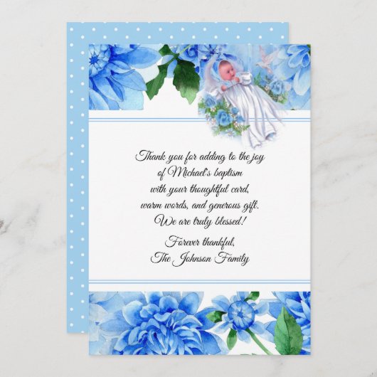 Baptismal Baby-Jungen-blaue Blumen danken Ihnen Dankeskarte (Vorne/Hinten)