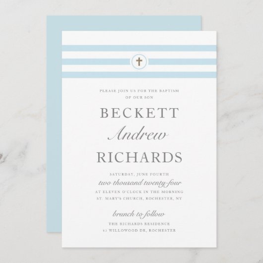 Baptismus beim klassischen Stripe Blue Boys Einladung (Vorne/Hinten)