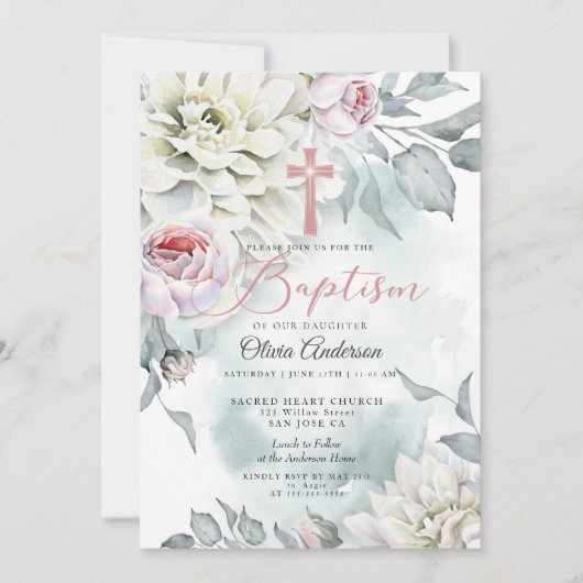 BAPTISMUS | Blush Pink Blumenkreuz Einladung (Vorderseite)