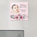 BAPTISMUS DANKEN SIE Pink Floral Foto Elegant Magnet<br><div class="desc">DANKEN SIE IHNEN,  dass Sie sich bei Ihrer Tauffeier bei Ihnen eingeschlossen haben. Dieses Design ist mit einer rosa und grauen Aquarellblume mit dem Text DANK YOU FOR COMING! Set mit beliebter Typografie auf einem weichen rosa Hintergrund. Viel Spaß!</div>