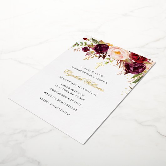 Baptismus der Burgunder Roten Gold-Blütenkreuz Folieneinladung (Gedreht)