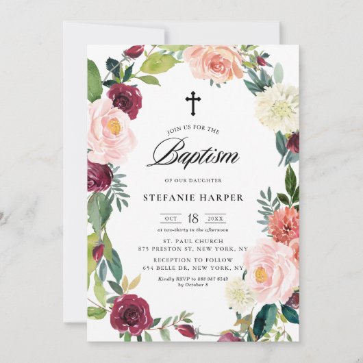 Baptismus für Burgund und Blütenblumenschrecken Einladung (Vorderseite)