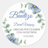 Baptisse Spanish Bautismo Green Blätter Blue Flowe Runder Aufkleber (Vorderseite)