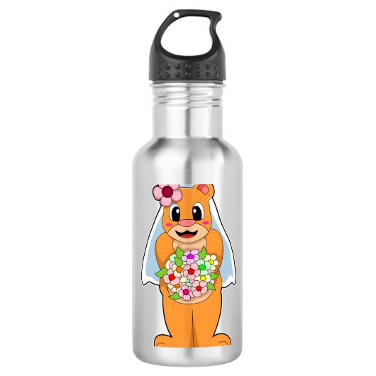 Bär als Braut mit Blume Edelstahlflasche (Vorderseite)