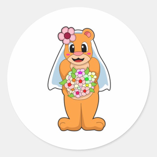 Bär als Braut mit Blumen Runder Aufkleber (Vorderseite)