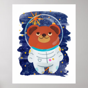 Bär Astronaut schwebend Weltraum Sterne Wasserfarb Poster