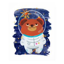 Bär-Astronaut schwebt Weltraum Sterne Aquarell