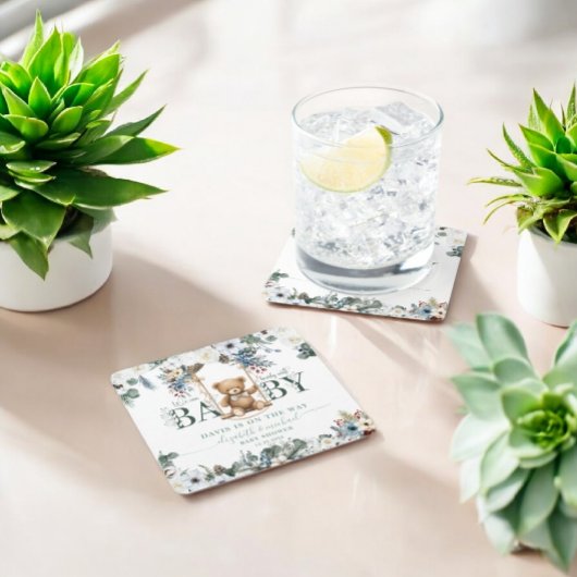 Bär auf Swing Sage Green Neutral Baby Dusche Rechteckiger Pappuntersetzer