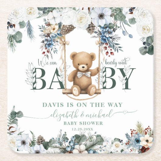 Bär auf Swing Sage Green Neutral Baby Dusche Rechteckiger Pappuntersetzer (Vorderseite)