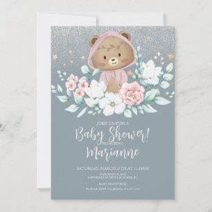 Bär Baby-Party Blumen Glitter Rosa Einladung