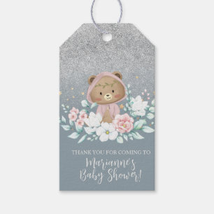 Bär Baby Shower Floral Glitter Blau Boho  Geschenkanhänger