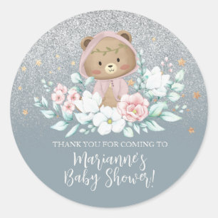 Bär Baby Shower Floral Glitter Blau Boho Runder Aufkleber