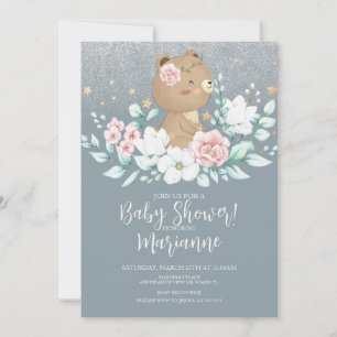 Bär Baby Shower Floral Glitter Gedämpftes Rosa Bla Einladung