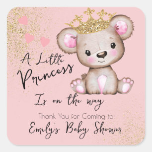 Bär Baby Shower Prinzessin Funkelnd Rosa Quadratischer Aufkleber
