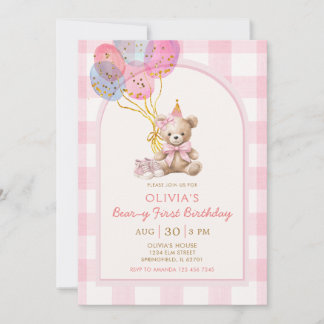 Bär-Ballon Rosa Gingham Beary Erster Geburtstag Einladung