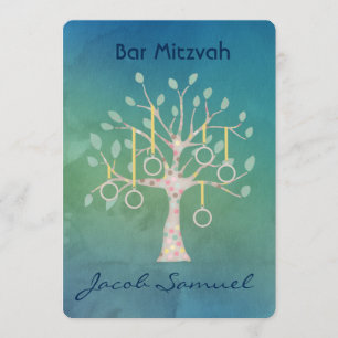 Bar Bat Bnai Tree of Life Mitzvah Watercolor Blau Einladung