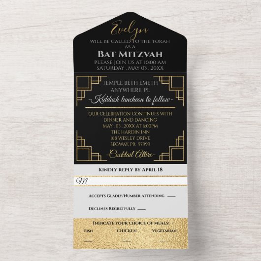 Bar Bat Mitzvah Art Deco All In One Einladung (Innen Boden)