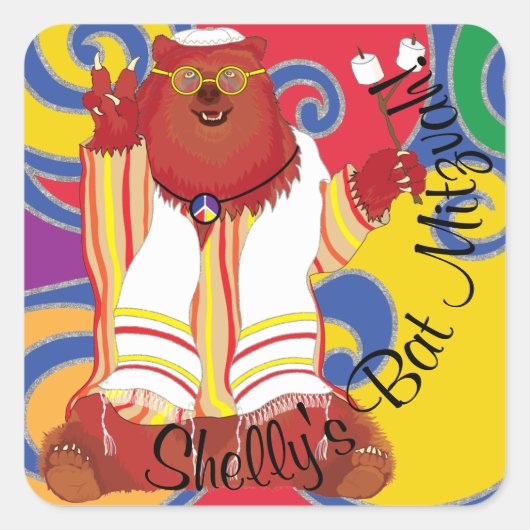 Bar Bat Mitzvah Sitting Hippie Bear Square Sticker (Vorderseite)
