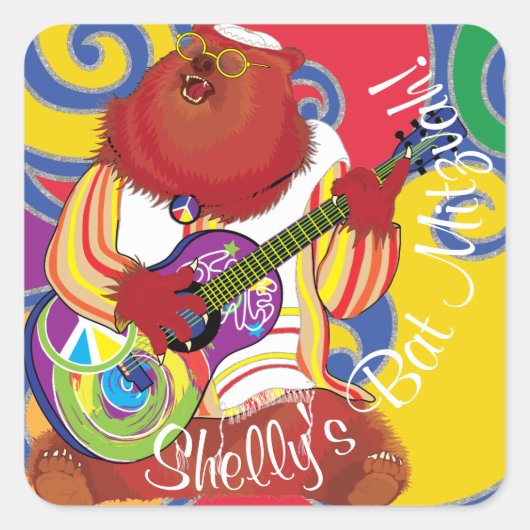 Bar Bat Mitzvah Wirbel Hippie Bear Square Sticker (Vorderseite)